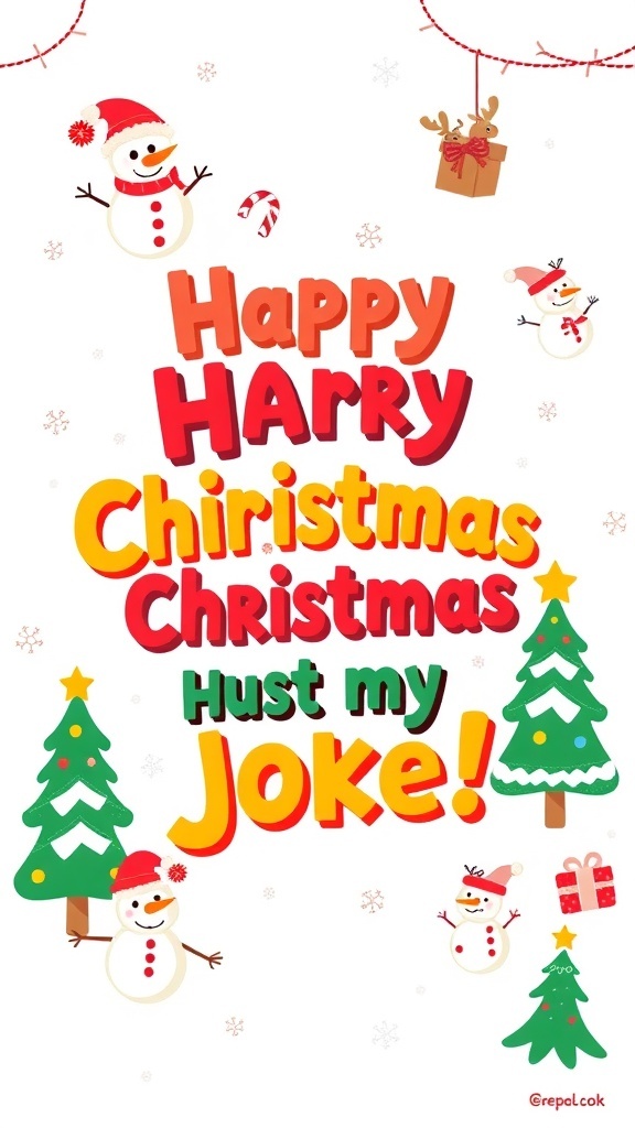A humorous Christmas card with snowmen and reindeer illustrations, showcasing a funny joke.